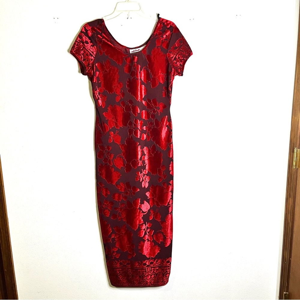 Vintage 90s grunge goth velvet burnout, midi dress sz 12 petite bodycon long red - Picture 2 of 8